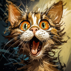 Caricature Painting of a Cat.  Generated Image.  A digital rendering of a painting of a caricature portrait of an excited cat.