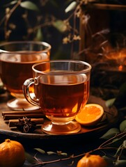 Pumpkin spice cup of tea stock photo, cozy teatime autumn drink