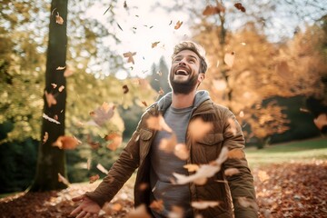 Obraz premium Young man playing running around outdoors in autumn in city park