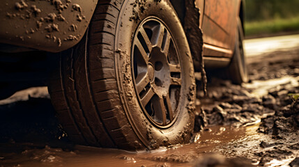 Fototapeta na wymiar Car wheel on steppe terrain splashing with dirt. Car racing offroad. Offroad car in action. Dirty car slipping in the dirt.