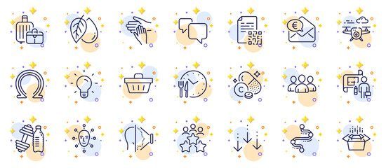 Outline set of Qr code, Food time and Business meeting line icons for web app. Include Timeline, Volunteer, Face id pictogram icons. Shopping basket, Vitamin c, Packing boxes signs. Vector