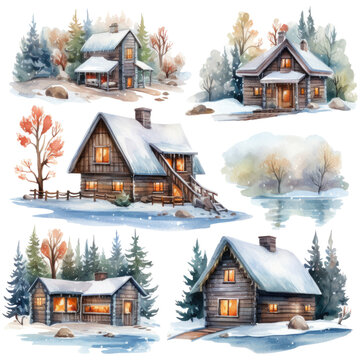  Set of cozy winter watercolor clipart , christmas illustration, isolated on transparent background