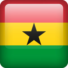 3d vector Ghana flag glossy button. Ghanaian national emblem. Square icon with flag of Ghana