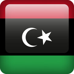 3d vector Libya flag glossy button. Libyan national emblem. Square icon with flag of Libya