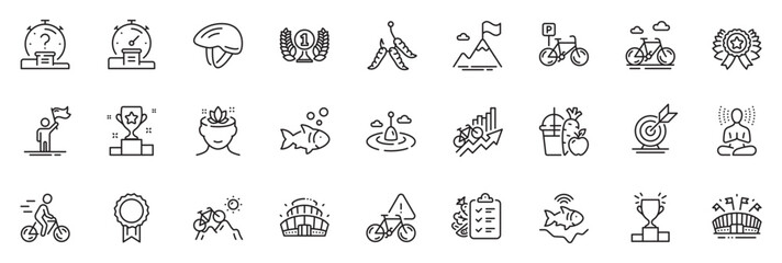 Icons pack as Winner ribbon, Arena stadium and Maggots line icons for app include Laureate award, Diet menu, Yoga outline thin icon web set. Yoga mind, Target goal, Quiz pictogram. Vector