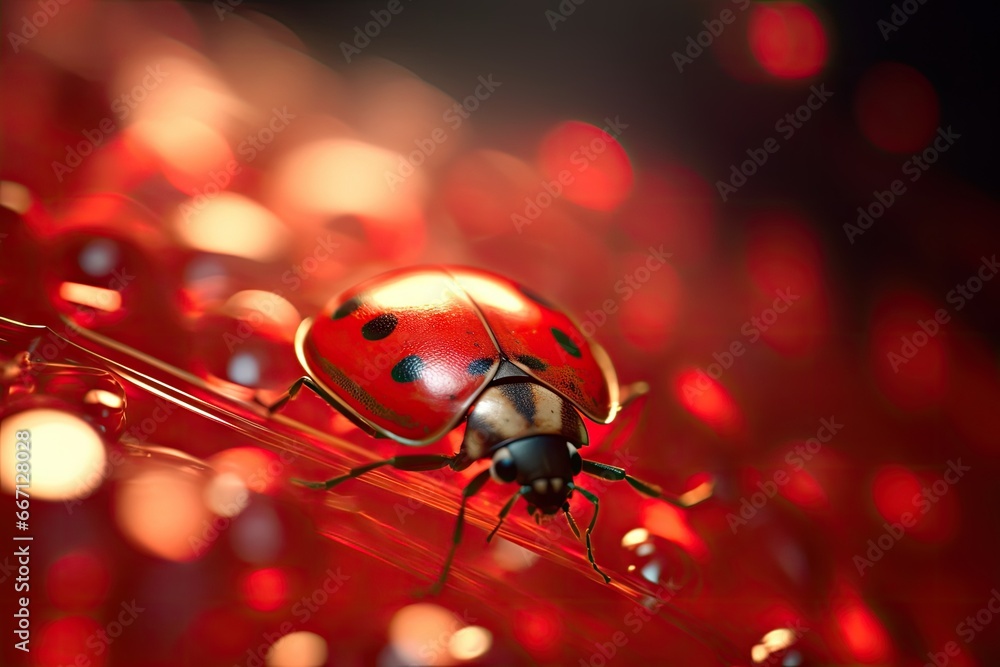 Poster a lady bug sitting on top of a red surface with lots of light. generative ai
