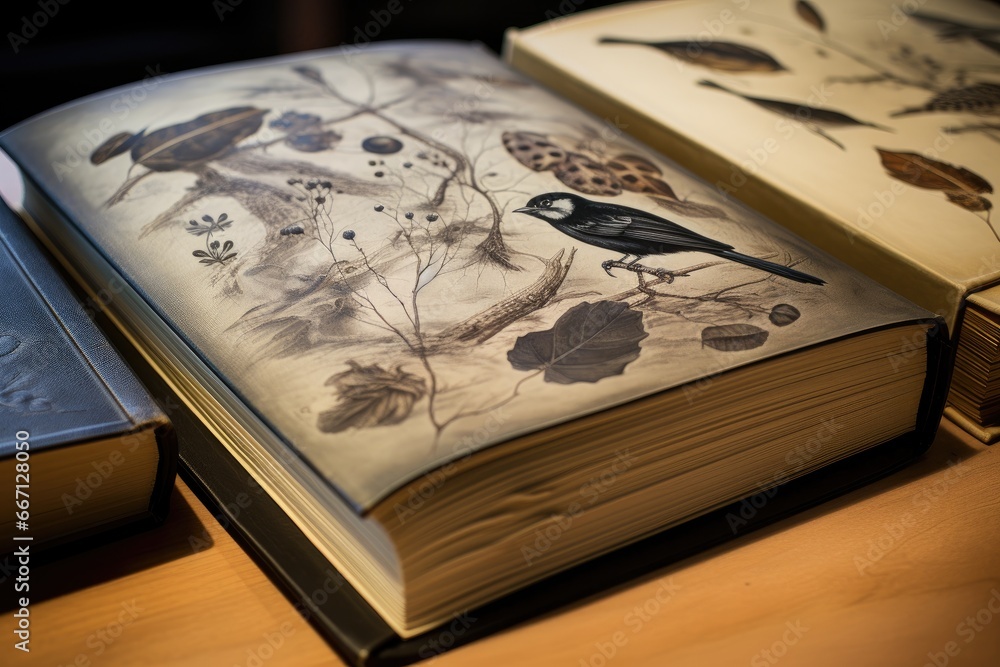 Poster a book with a picture of a bird on the front and a book with a picture of a bird on the back. genera