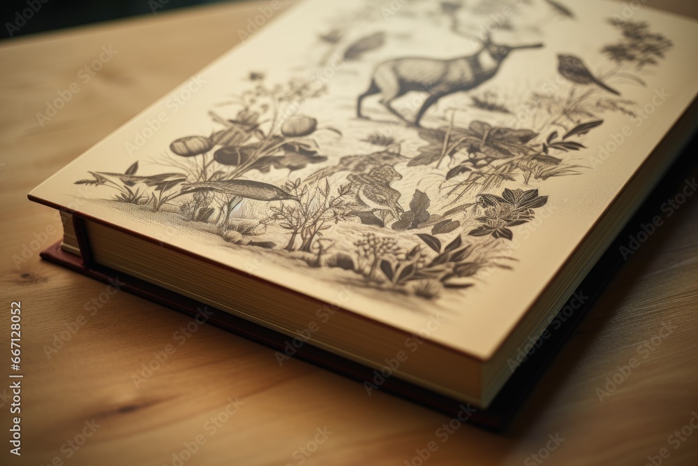 Poster an open book with a picture of a deer and flowers on it. generative ai