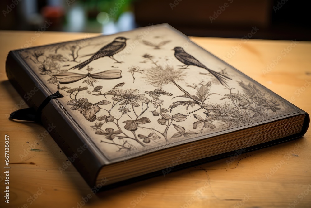 Poster a book with a picture of two birds on it sitting on a table. generative ai