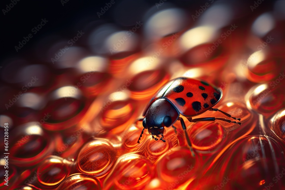 Poster a lady bug sitting on top of a red object with circles around it. generative ai