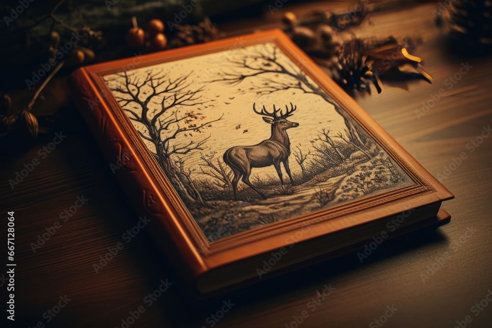 Poster a book with a picture of a deer in a forest. generative ai