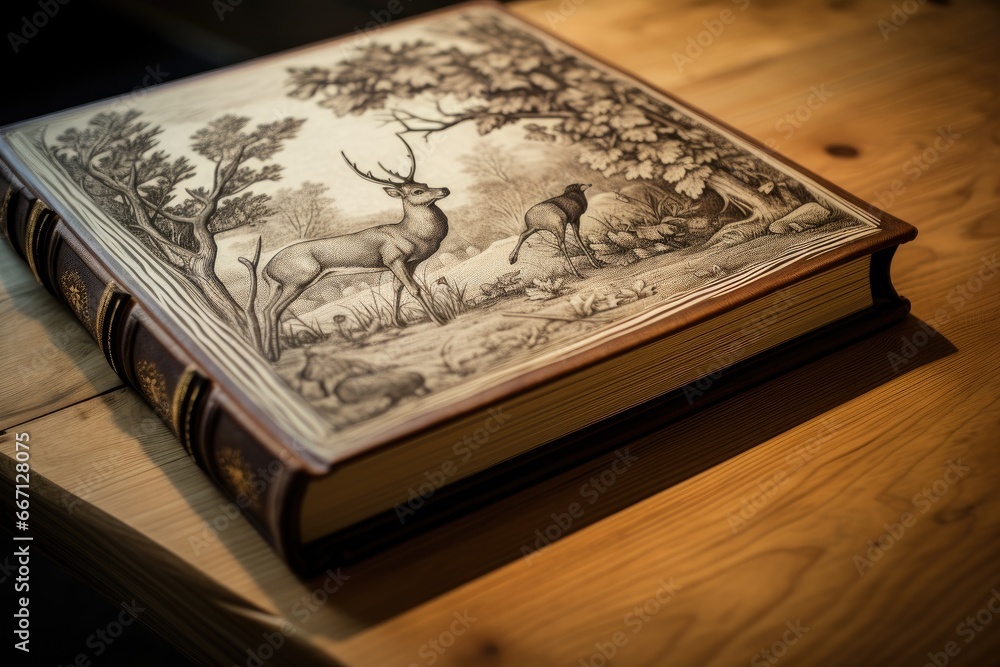 Poster a book with a picture of a deer on it sitting on a table. generative ai