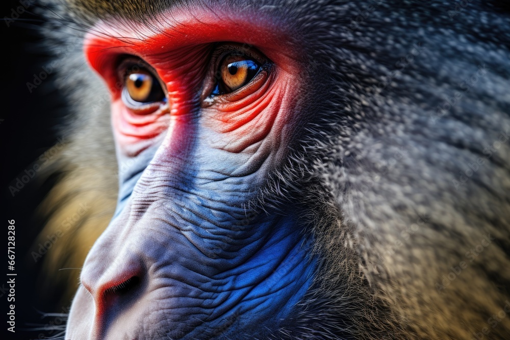 Poster a close up of a monkey's face with a red eye. generative ai