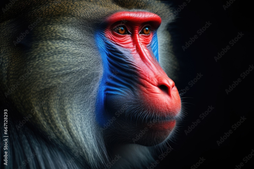 Aufkleber a close up of a monkey's face with a blue and red background. generative ai