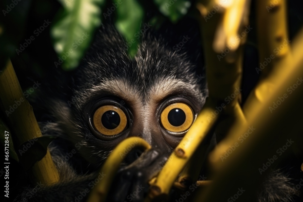 Poster a small monkey with big eyes hiding behind a tree branch. generative ai