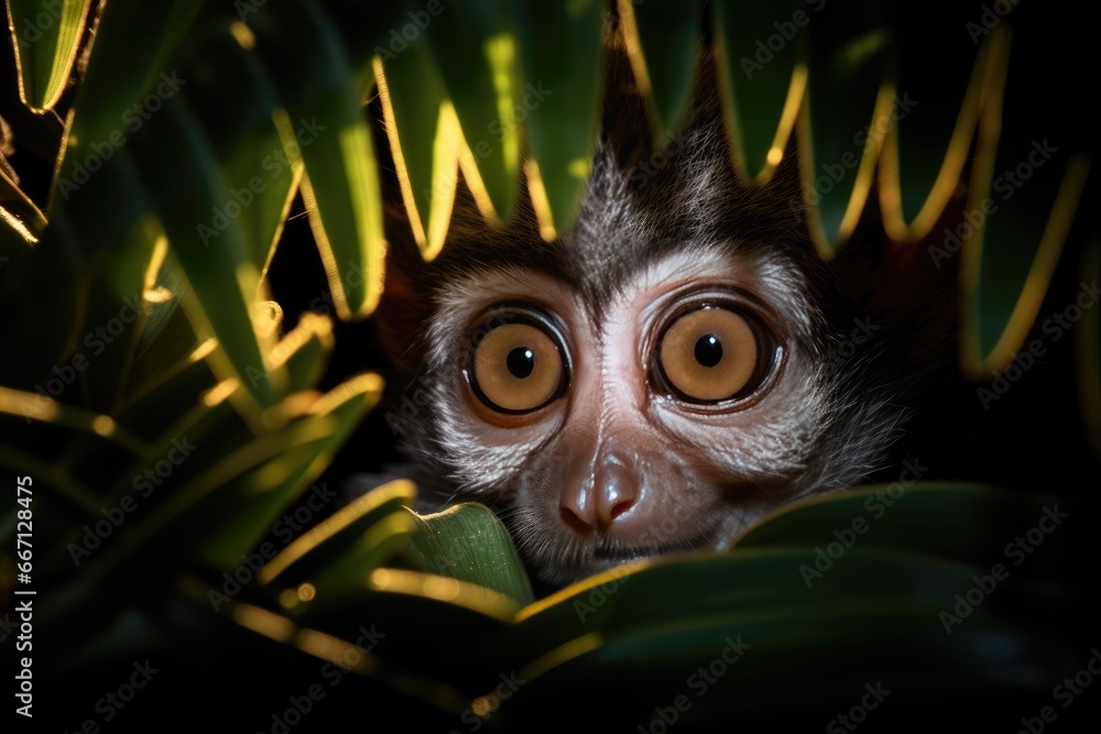Poster a monkey peeking out from behind some green leaves with its eyes wide open. generative ai
