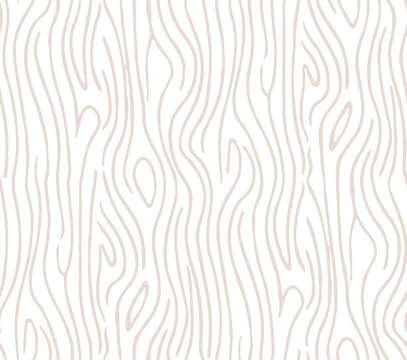 Wood linear texture, beige lines on white background, vector seamless pattern.