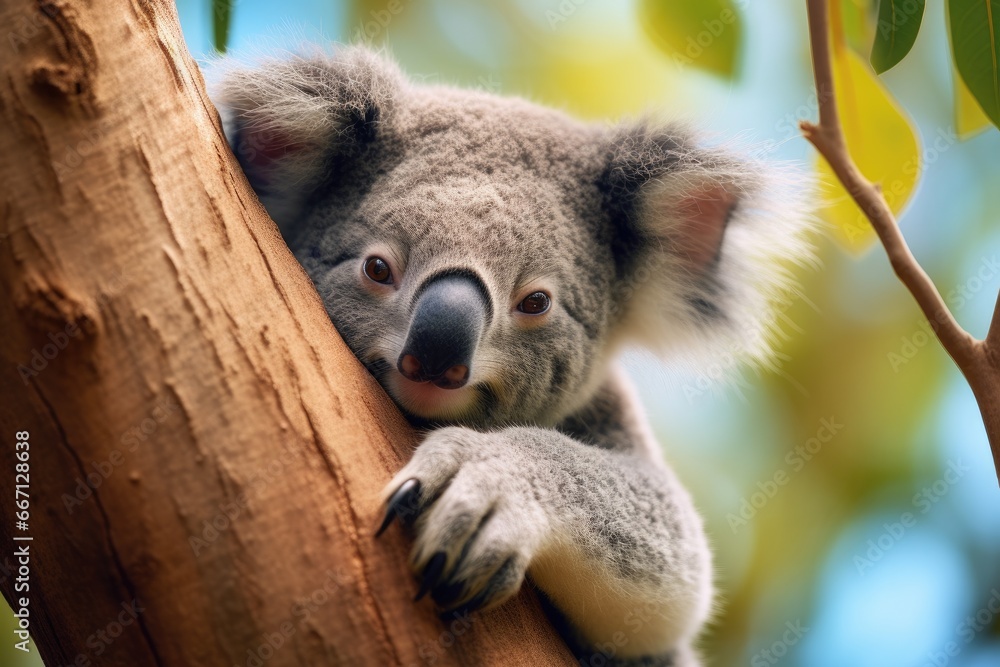 Poster a koala is sitting in a tree and looking at the camera. generative ai