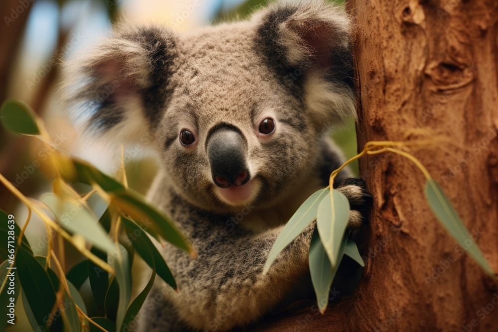 Poster a koala is sitting in a tree and looking at the camera. generative ai