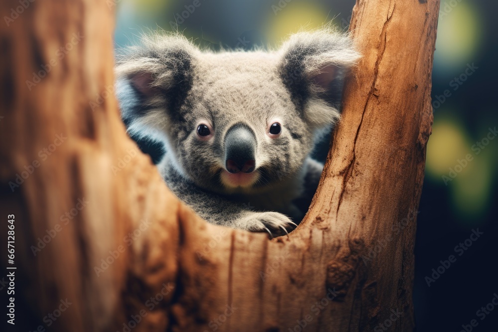 Poster a small koala is peeking out of a tree branch. generative ai