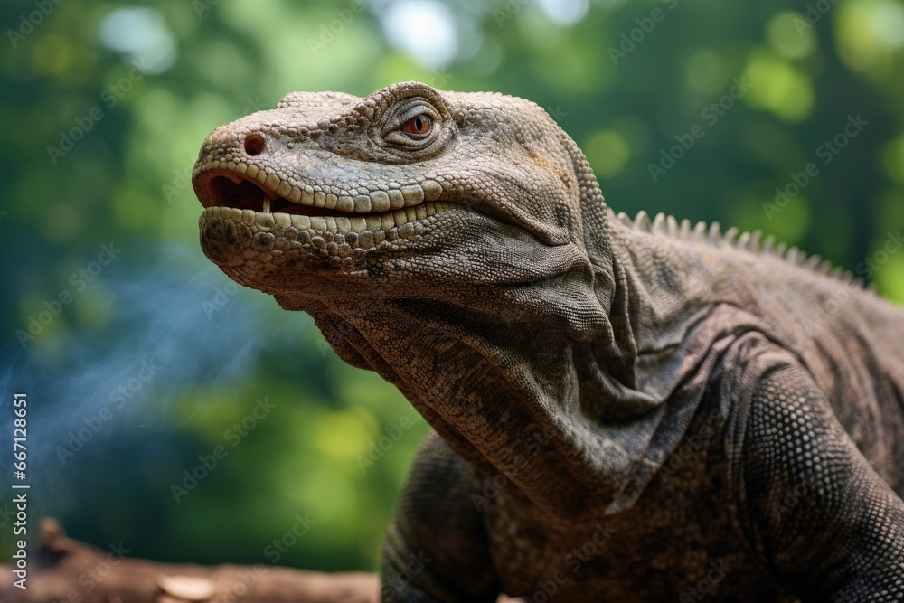 Poster a close up of a large lizard on a tree branch. generative ai