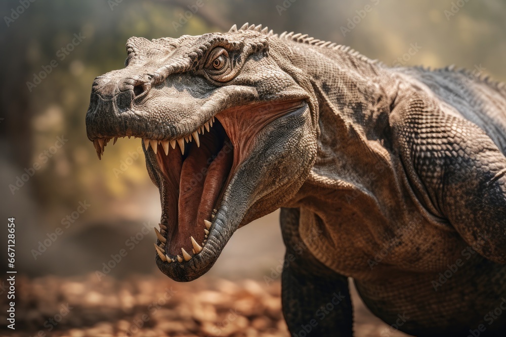 Poster a close up of a dinosaur with it's mouth open. generative ai