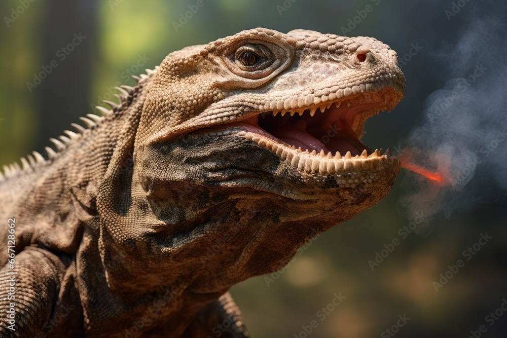 Poster a close up of a large lizard with its mouth open. generative ai