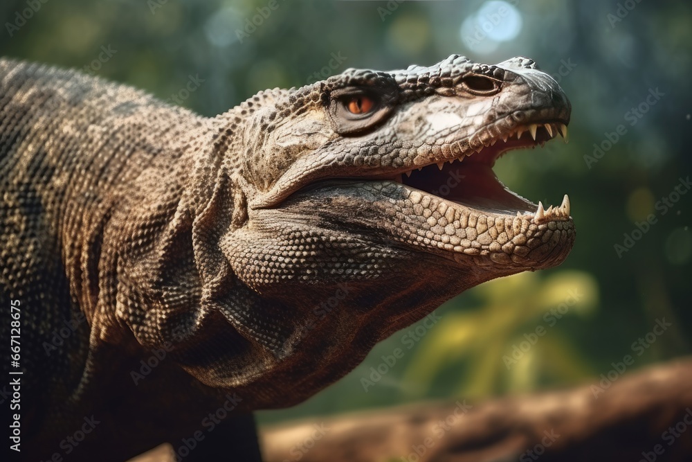 Poster a close up of a large lizard with its mouth open. generative ai