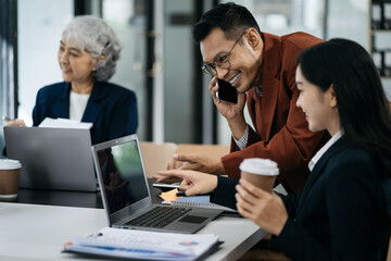 Business meeting account managers crew working search page on computer with new startup project. Idea presentation, analyze plans.