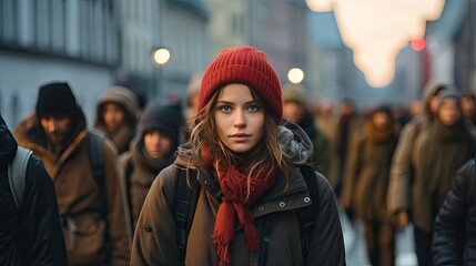 Fototapeta premium A beautiful girl look at camera with group of young people walking in the city center in winter