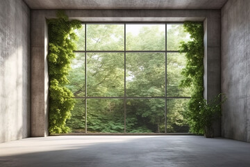 Empty room with panoramic window and mountain view