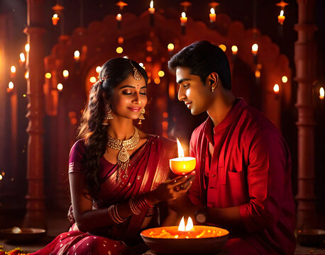 Indian woman Diwali festival Hending Diya couple poses 