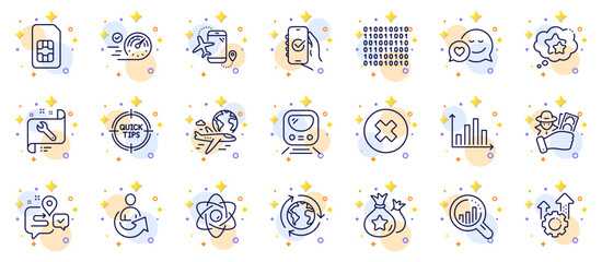 Outline set of Loyalty points, Metro and Journey line icons for web app. Include Ranking stars, International flight, Tips pictogram icons. Approved app, Binary code, Share signs. Vector
