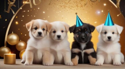 Fototapeta na wymiar Cute puppies posing against New Year's eve ambience background with space for text, background image, AI generated
