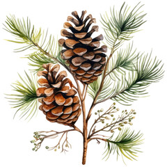 Watercolor illustration pine cone and branches, isolated on transparent background