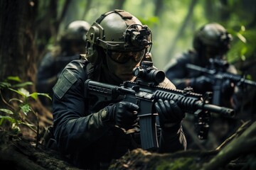 Close up portrait of military man on the battlefield. Illustration of a a military man aiming and firing in combat