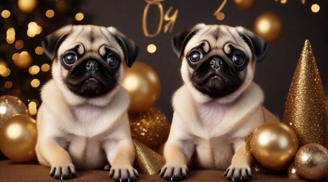 Cute puppies posing against New Year's eve ambience background with space for text, background image, AI generated