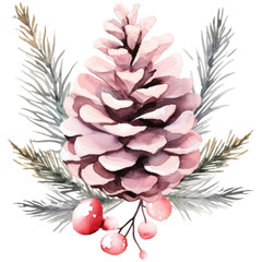 Watercolor illustration, pink pine cones, isolated on transparent background