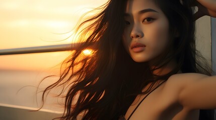 Naklejka premium Beautiful young Asian woman portrait, cute girl wallpaper background photo