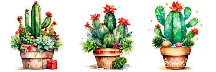 Set of Watercolor potted cactus decorated in Christmas style, isolated on transparent background
