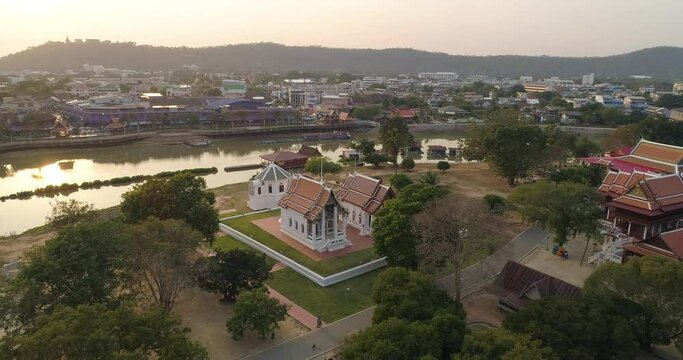 Aerial landscape of Wat Uposatharam Or Wat Bot Manorom, located on Thepo Island along the Sakae Krang River, is an important temple of Uthai Thani Province, Thailand.