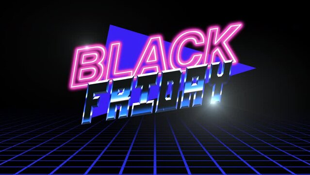 Retro Black Friday text with neon triangle and grid in dark galaxy, motion abstract holidays, retro and business style background
