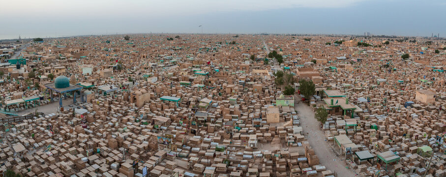 An-Najaf, Iraq - 8 November 2022: Wadi-us-Salaam muslim cemetery, largest in the world