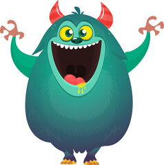 Funny cartoon monster character. Illustration of cute and happy creature or alien. Halloween vector design isolated