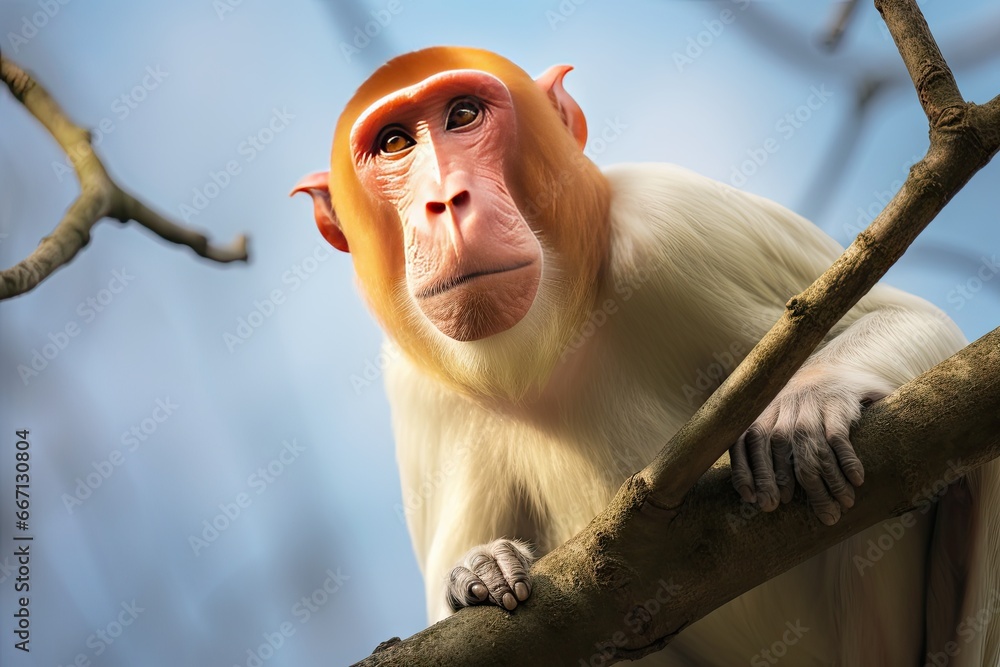 Poster a monkey sitting on a tree branch looking at the camera. generative ai