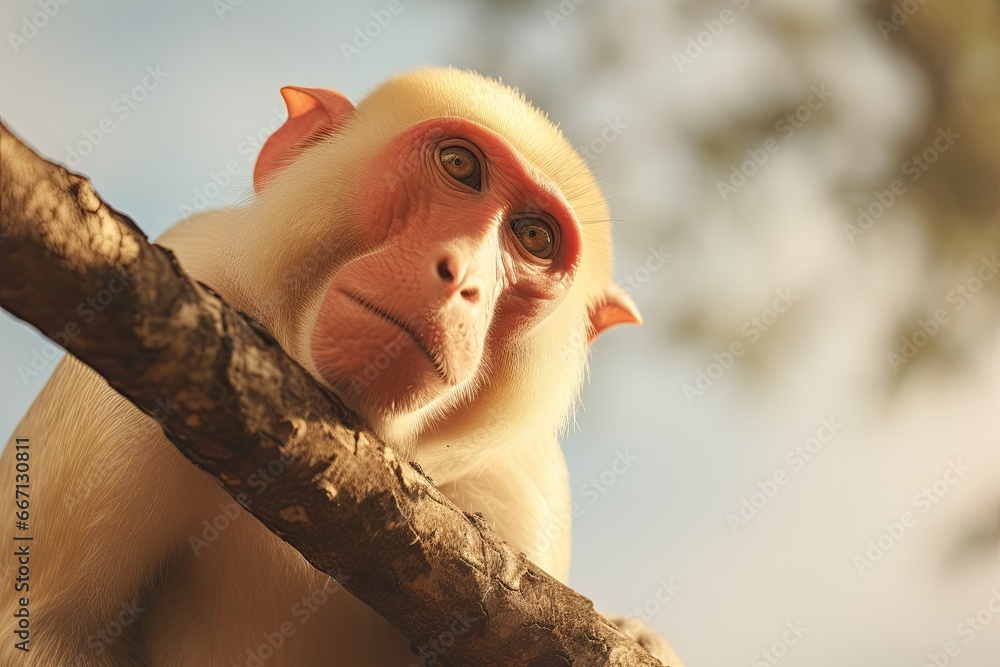Poster a monkey sitting on a tree branch looking at the camera. generative ai