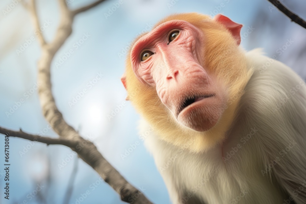 Poster a close up of a monkey sitting on a tree branch. generative ai