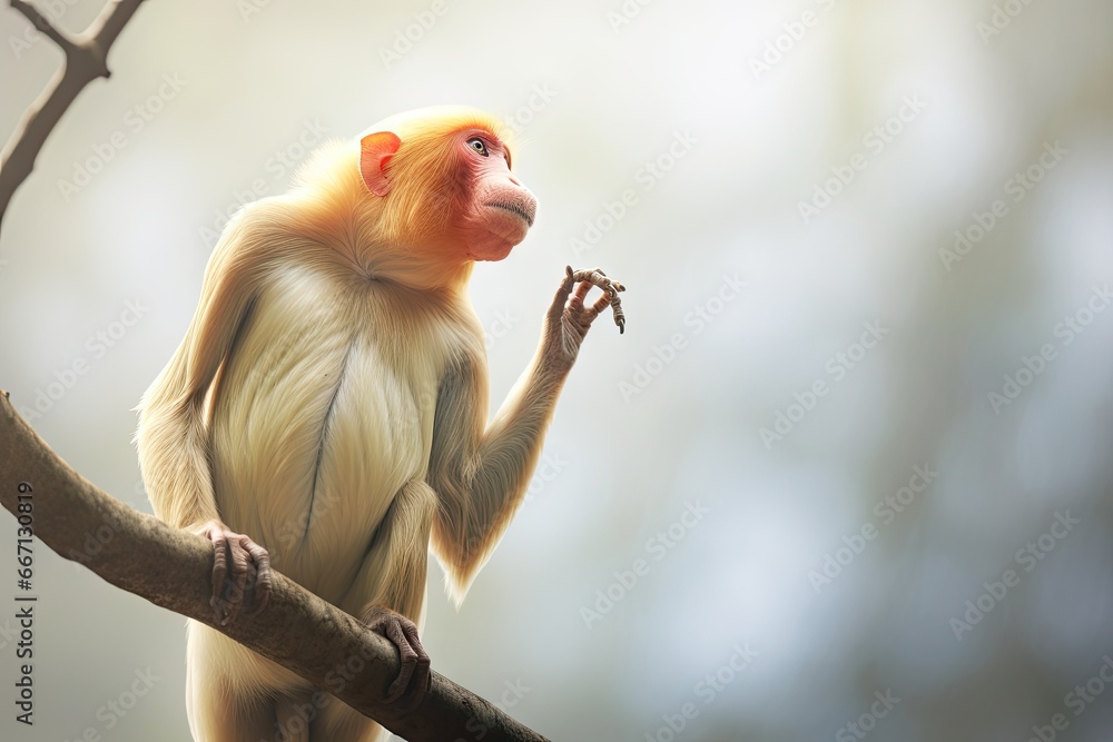 Poster a monkey sitting on a tree branch eating a branch of a tree. generative ai