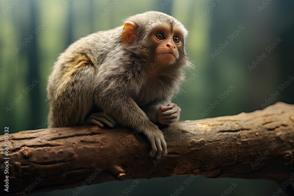 Poster a small pygmy marmoset monkey sitting on top of a tree branch with a blurred background the monkey h