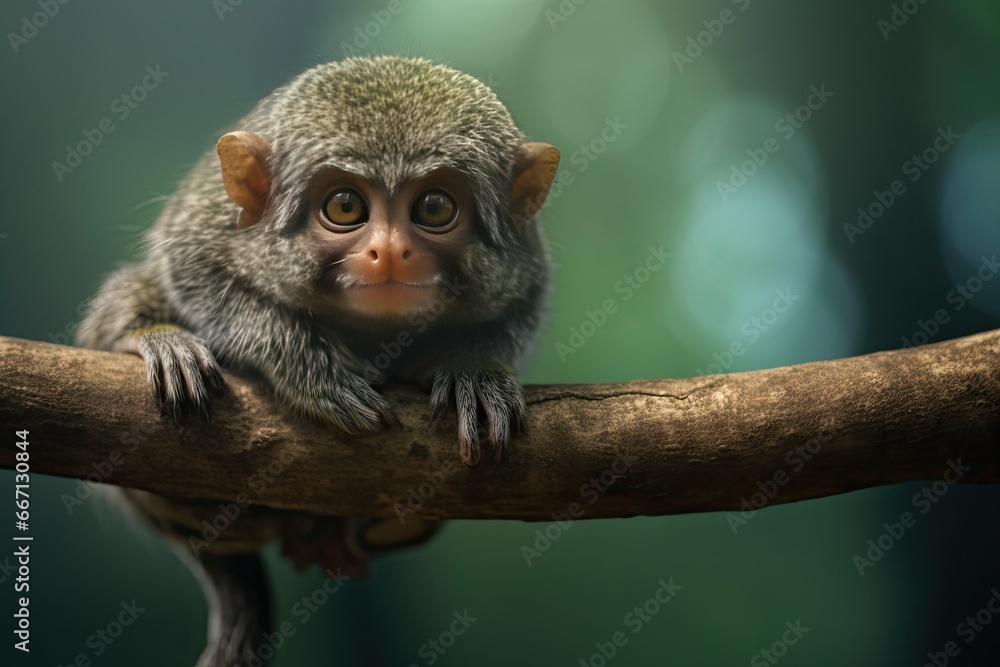 Poster a small monkey is sitting on a tree branch looking at the camera. generative ai